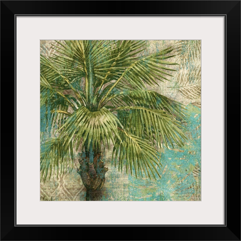 Decorative painting of a palm tree on a background textured with palm leaves.