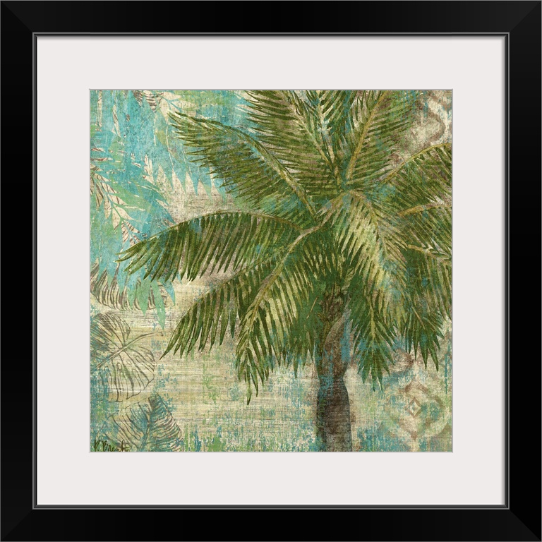 Decorative painting of a palm tree on a background textured with palm leaves.