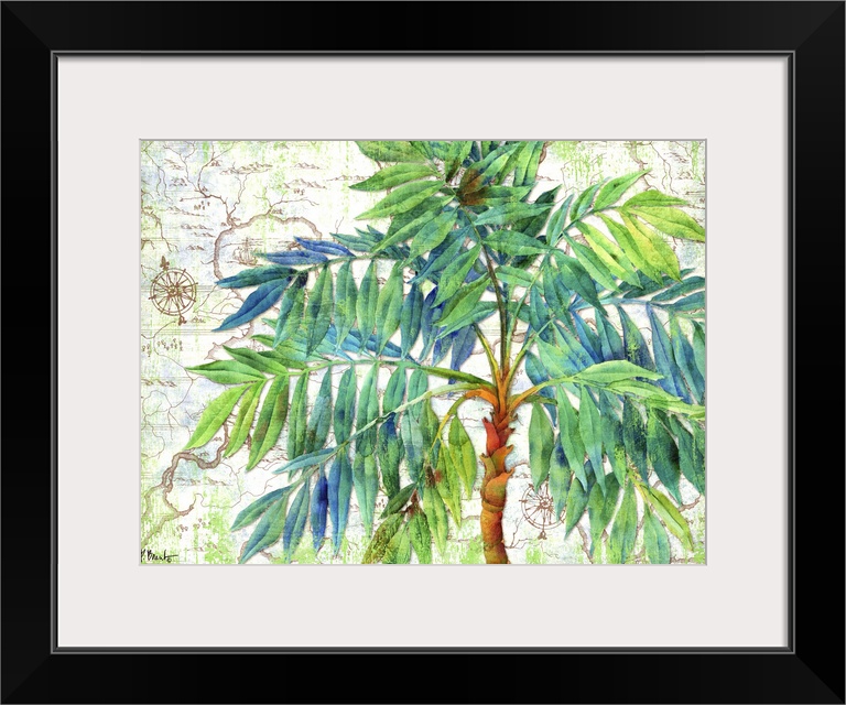 Tropical decor with a painted palm tree in green and blue tones on an illustrated map background.