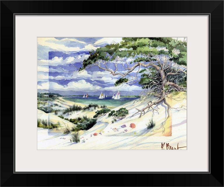 Watercolor painting of a seaside landscape with a sandy beach and a large tree reaching over the dunes.