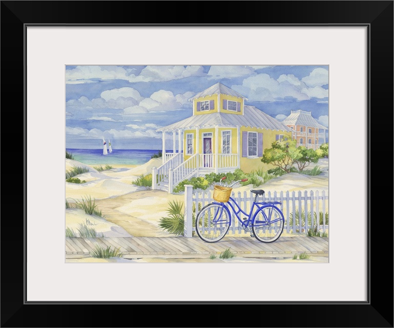 Watercolor painting of a bicycle leaning against a fence near a beach house.