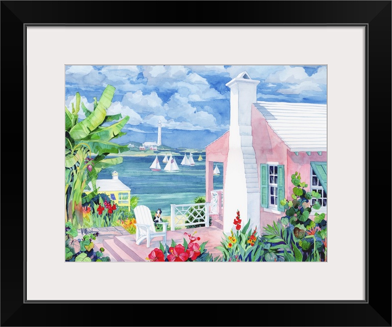 Watercolor painting of a Bermuda resort town.