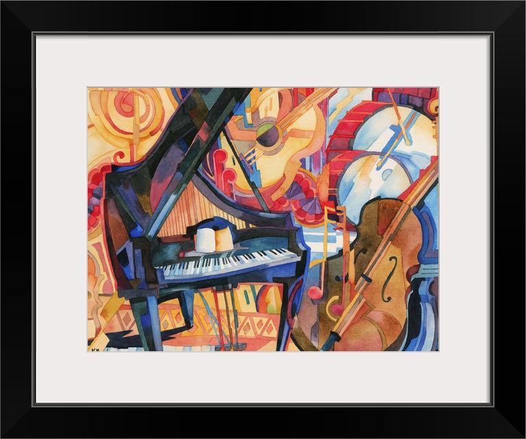 Painting of jazz instruments, including a bass, grand piano, and drum kit.