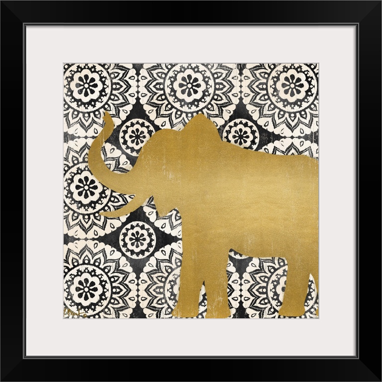 Square decor with a metallic gold silhouette of an elephant on a black and white mandela patterned background.