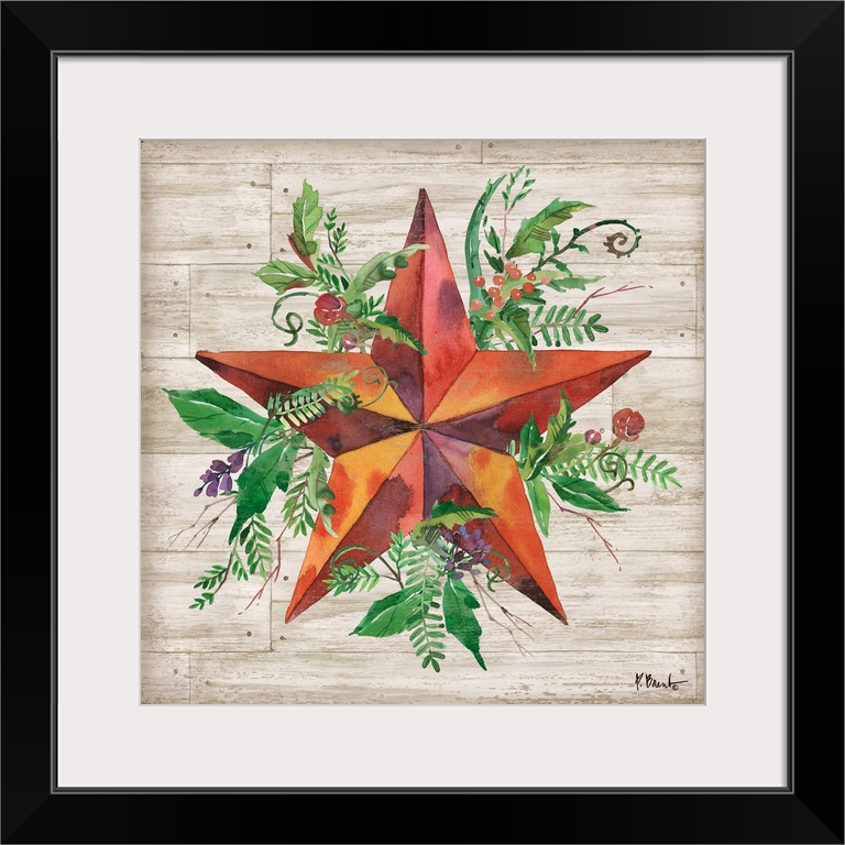 Square decor with a red barn star surrounded with green leaves, red berries, and purple flowers on a faux wood background.