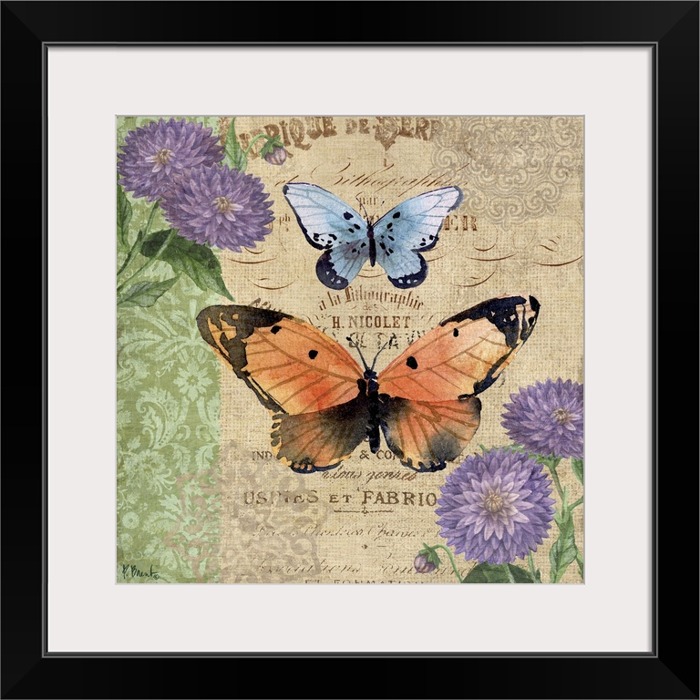 Decorative mixed media panel featuring two colorful butterflies, zinnias, and a vintage letter.