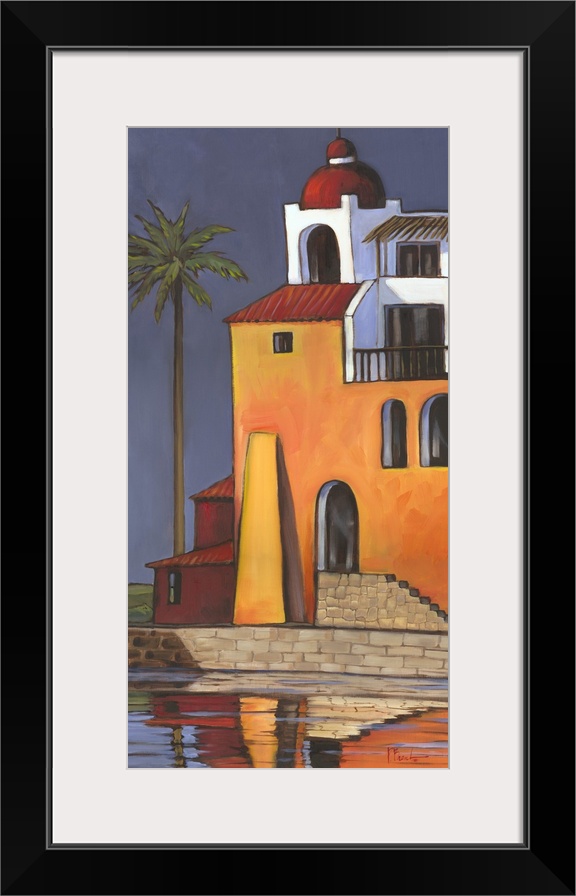 Brightly colored painting of a Caribbean house with adobe walls and a palm tree.