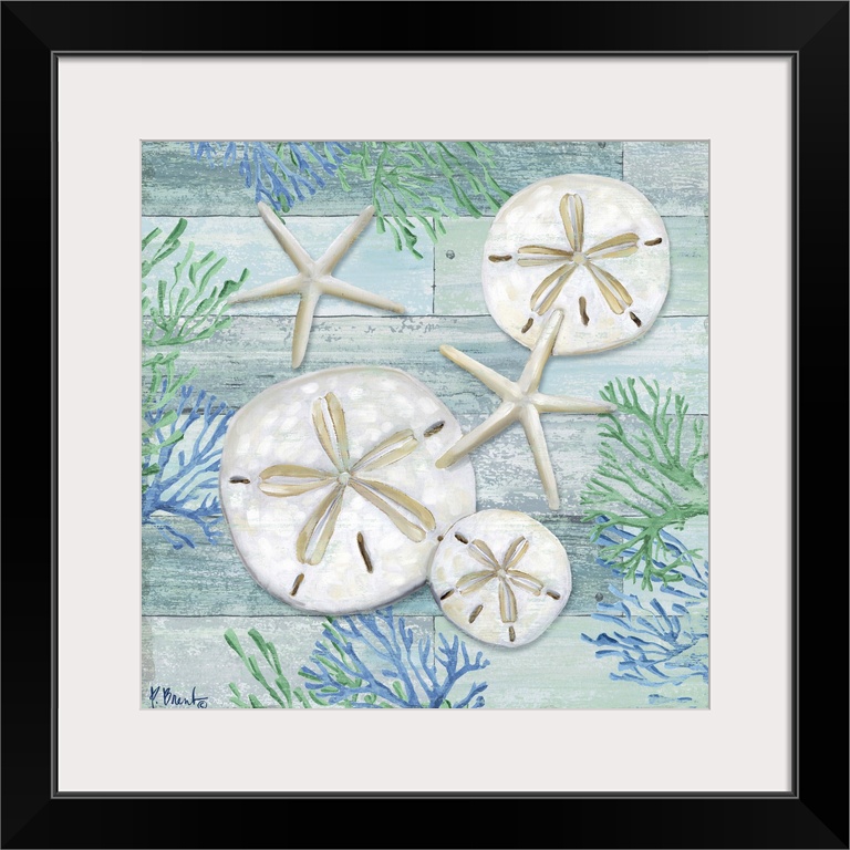 Square sand dollar, starfish and coral decor in light blue, green, and white.