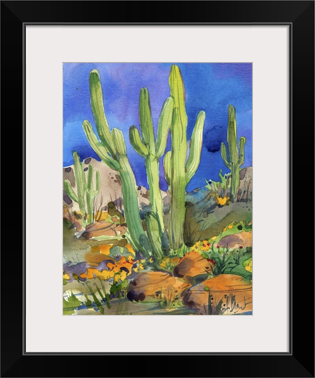 Watercolor painting of saguaro cacti in a rocky desert.