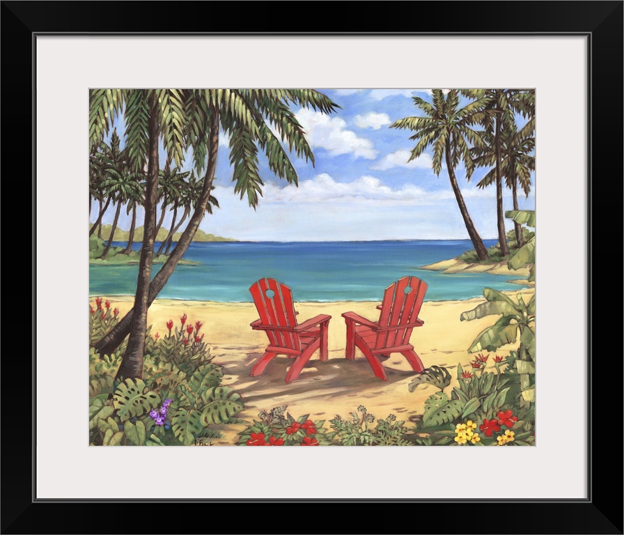 Contemporary painting of two adirondack chairs on the beach, surrounded by palm trees.