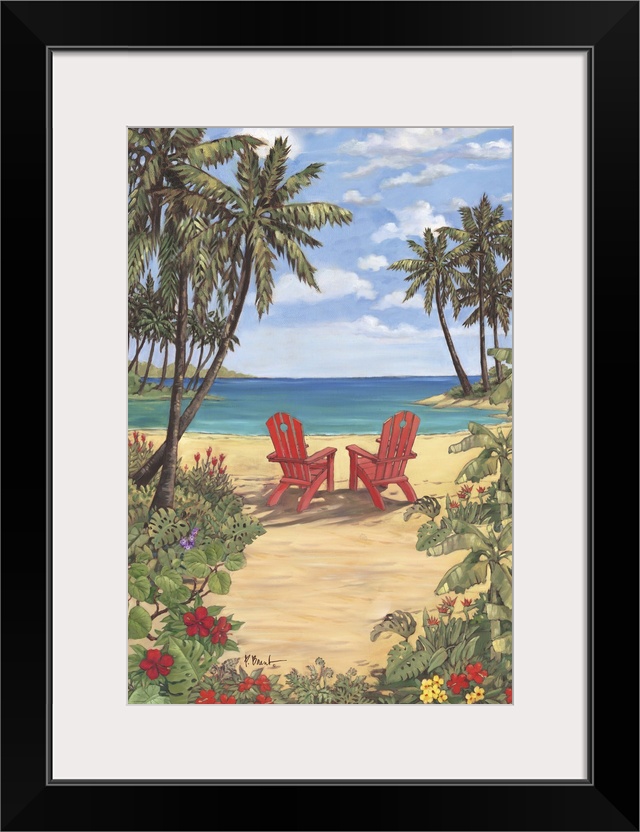 Contemporary painting of two adirondack chairs on the beach, surrounded by palm trees.