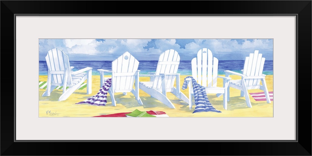 Five adirondack chairs on the beach with towels.