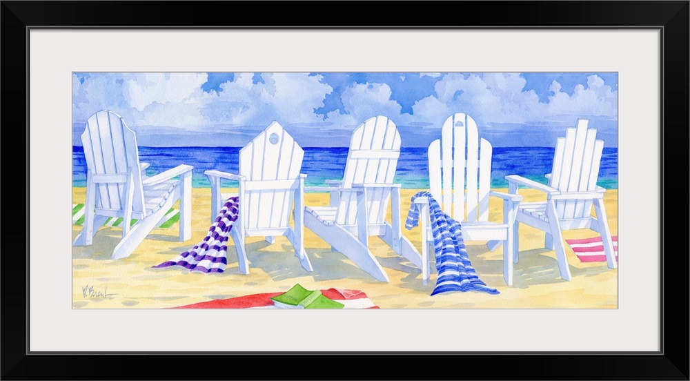 Watercolor painting of five white adirondack chairs with towels on a sandy beach.