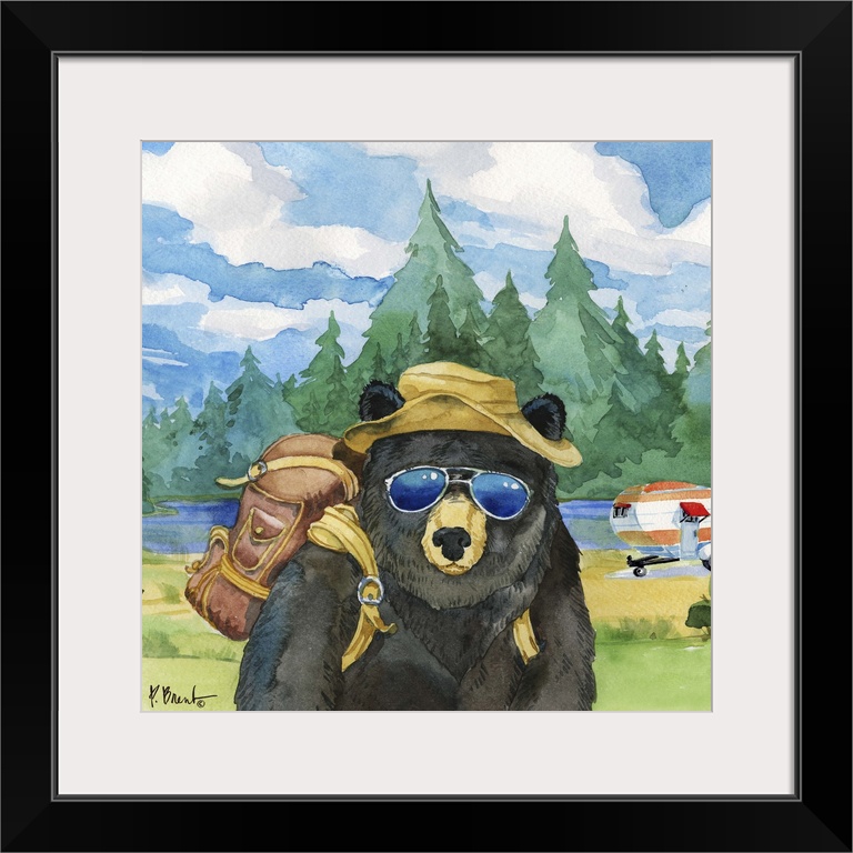 Square watercolor painting of a black bear with camping gear outside in the wilderness.