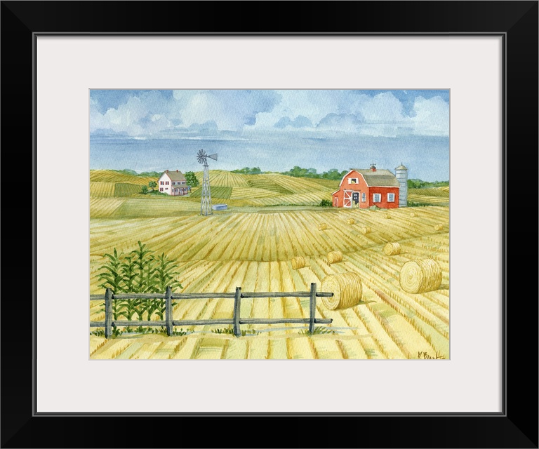 Watercolor landscape of a barn in a field with hay bales in the countryside.