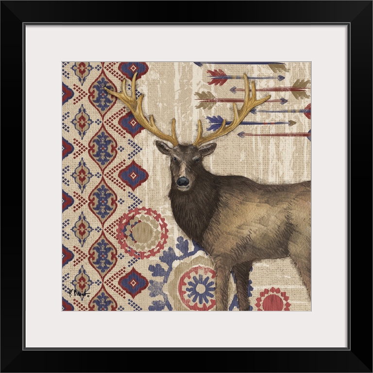 Decorative artwork of an elk with folk patterns and arrows on a wood texture.