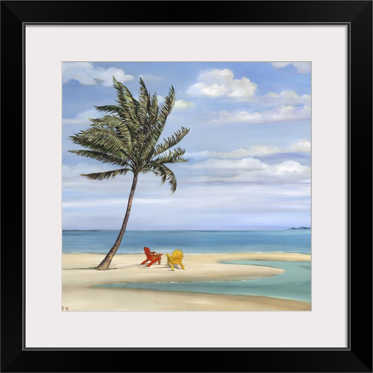 Contemporary painting of a palm tree on a sandy beach with two beach chairs.