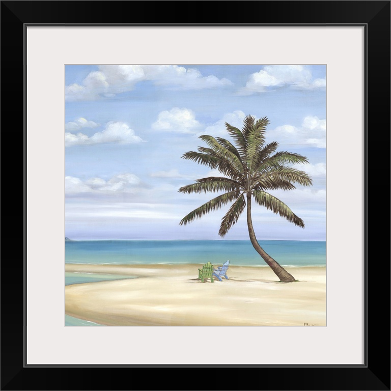 Contemporary painting of a palm tree on a sandy beach with two beach chairs.