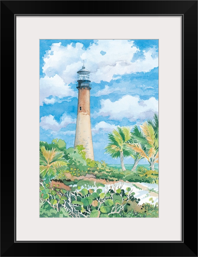 Watercolor painting of a lighthouse against a cloudy sky on a tropical beach.
