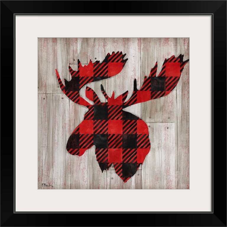 Square cabin decor with a red and black flannel patterned silhouette of a moose on a faux distressed wooden background.