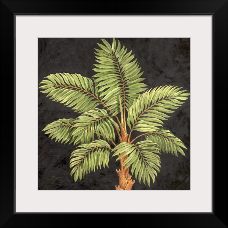 Painting of the top of a palm tree with leafy fronds.