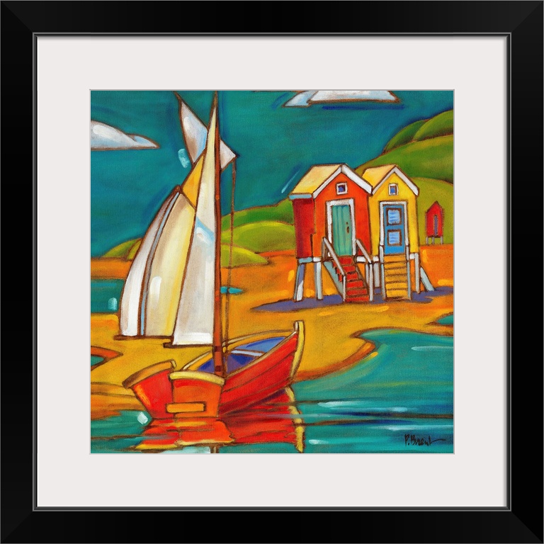 Stylized painting of a beach with a sailboat and two beach huts.