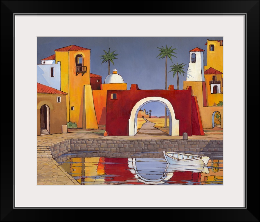 Contemporary painting of a scene in Puerto del Mar with adobe buildings and a large archway.
