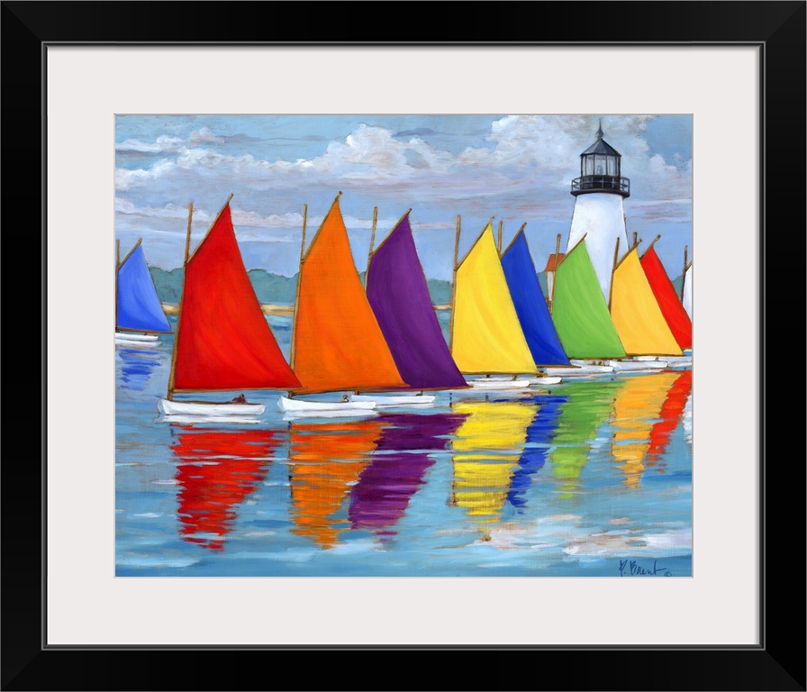 Contemporary painting of a row of multi-colored sailboats on the water, near a lighthouse.