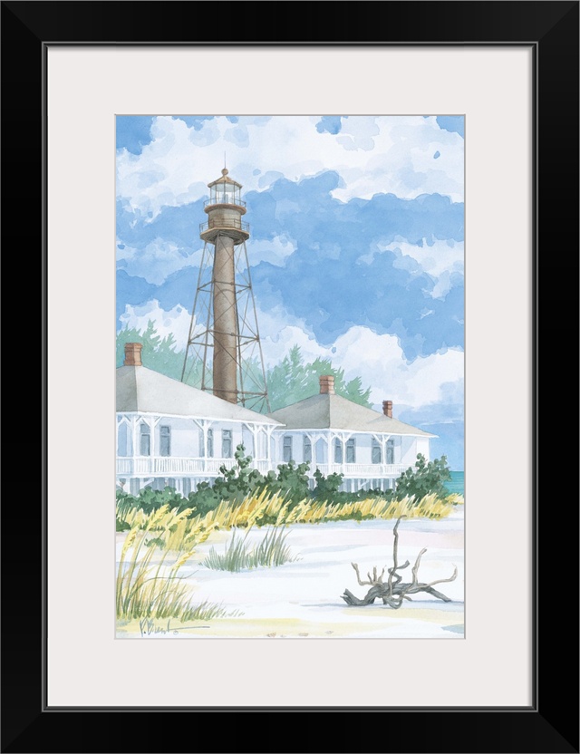 Watercolor painting of a lighthouse with two beach houses on a sandy shore.