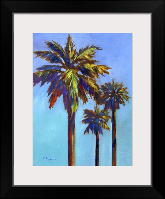 Contemporary painting of three palm trees against a bold blue sky.