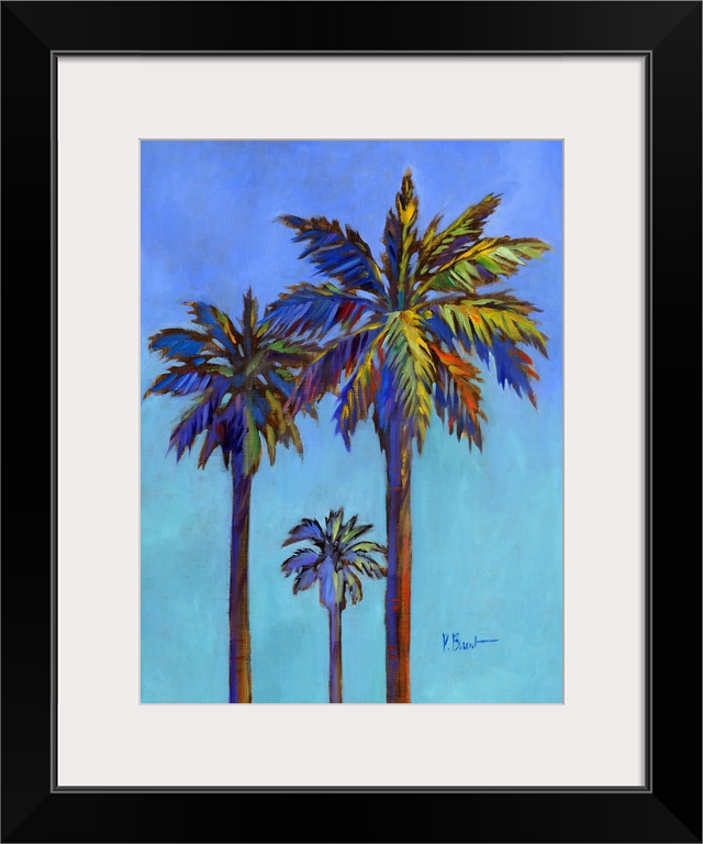 Contemporary painting of three palm trees against a bold blue sky.