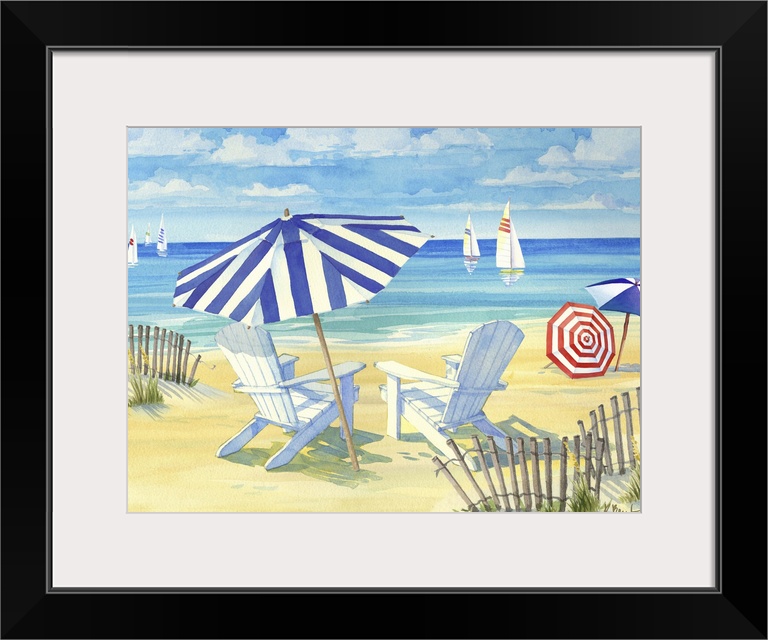 Watercolor painting of a peaceful ocean scene with striped umbrellas and beach chairs in the sand.