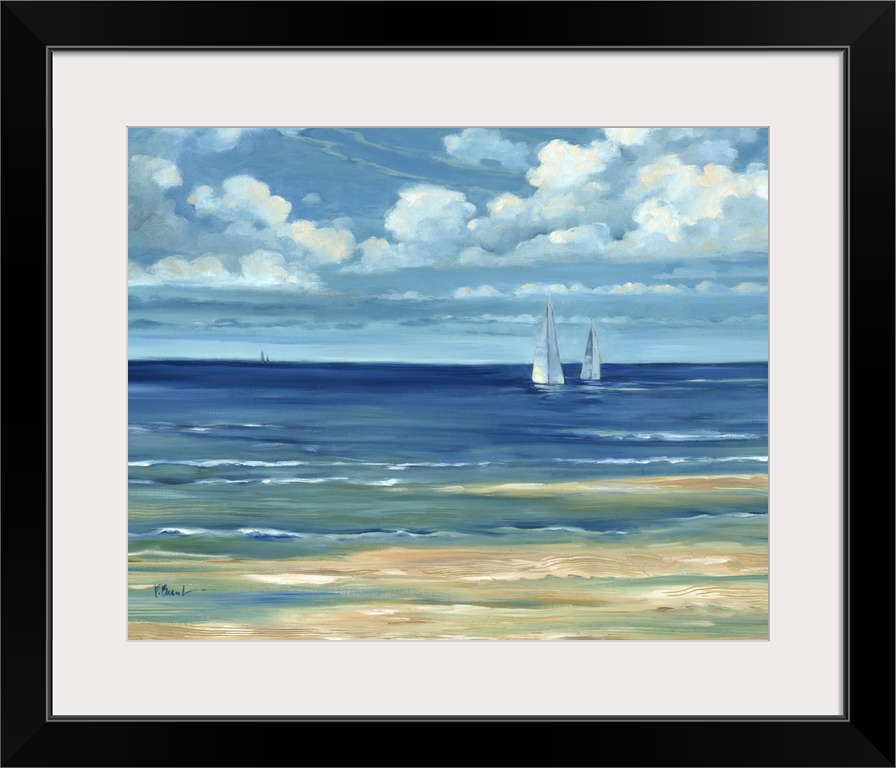 Contemporary landscape painting of a deep blue ocean with white clouds overhead.