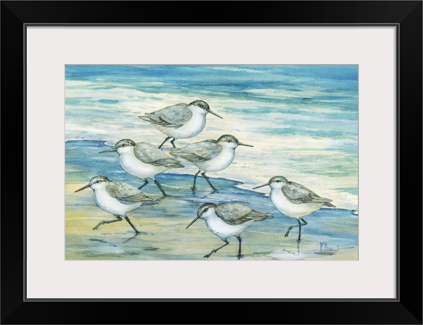 Contemporary artwork of a flock of sandpiper birds on the beach.