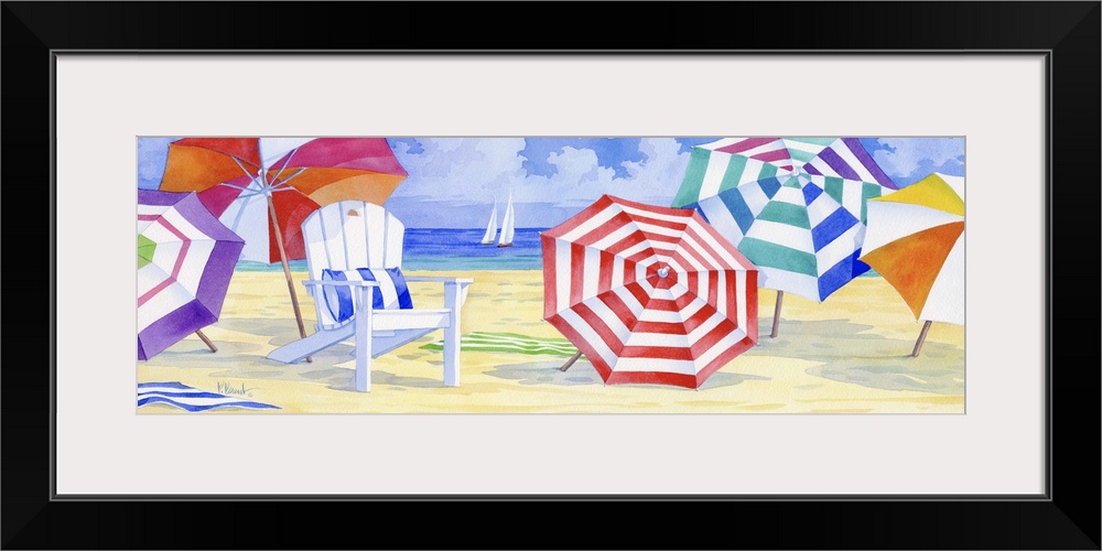 A beach chair surrounded by several colorful beach umbrellas.