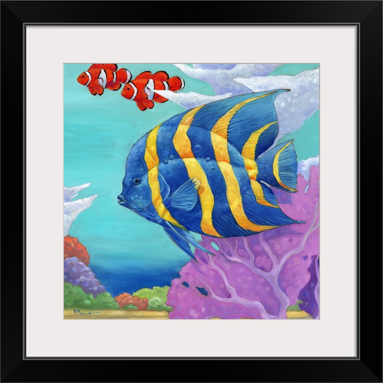 Contemporary painting of a tropical fish swimming in the ocean near coral.