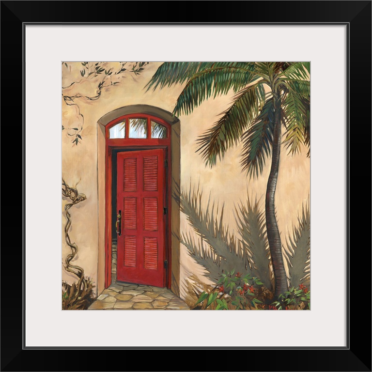 Painting of a red door in an adobe building with a palm tree.