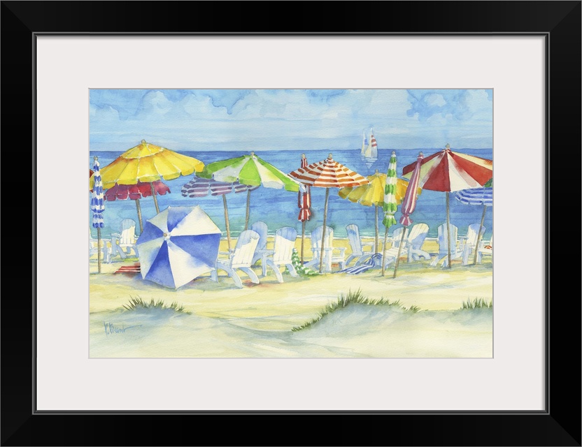 Watercolor painting of several adirondack chairs and colorful beach umbrellas on a sandy shore.