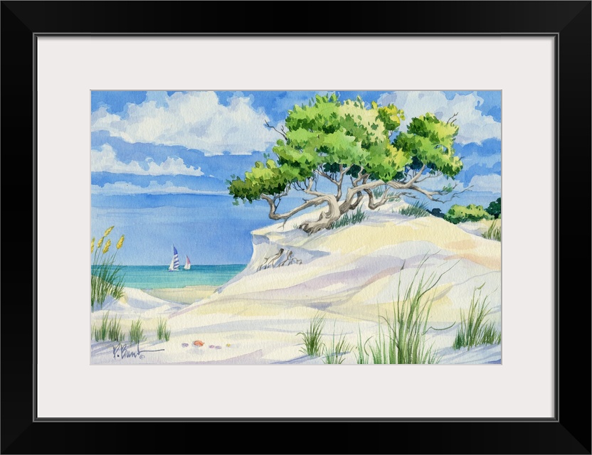 Painting of a sandy beach with trees growing in the dunes.