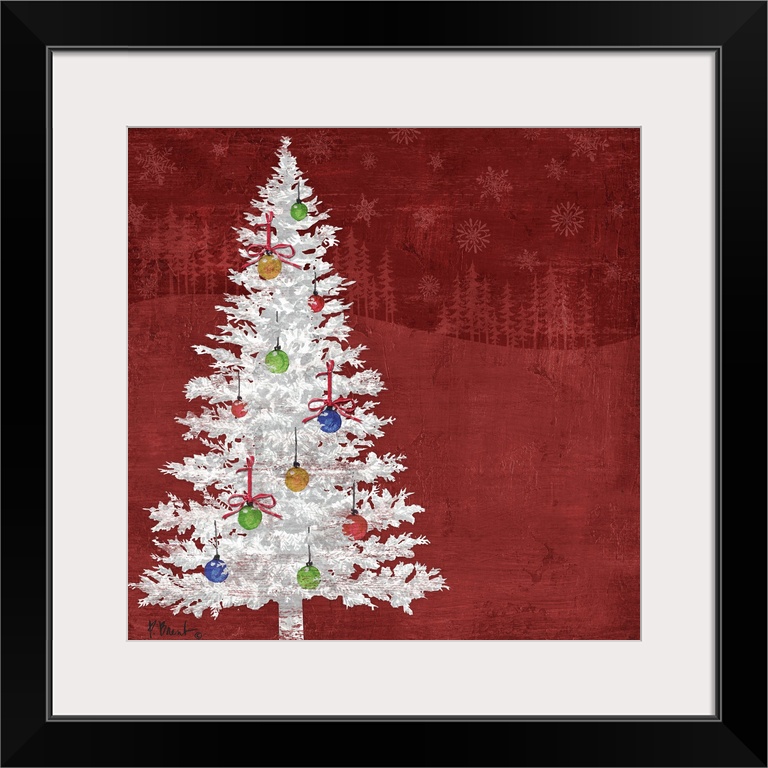 Artwork of a white tree decorated with Christmas Ornaments on a red background.