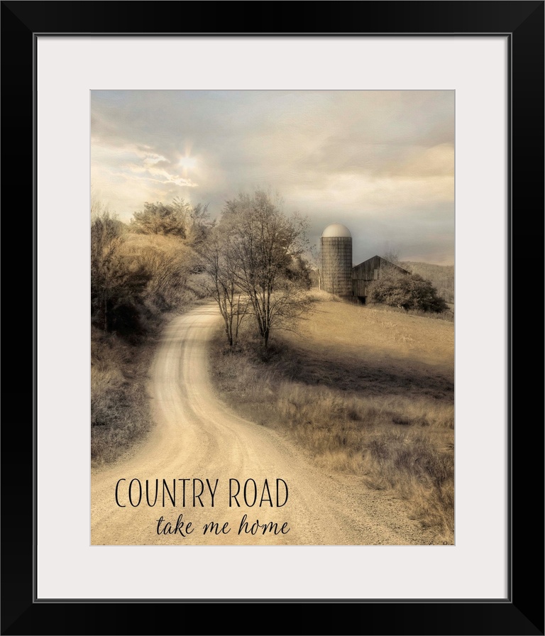 Text over an image of a dirt road leading to a farm and silo in the countryside.