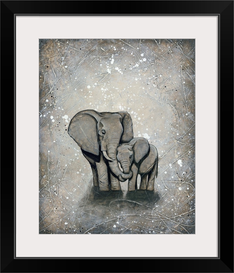 Painting of a mother elephant hugging her baby.