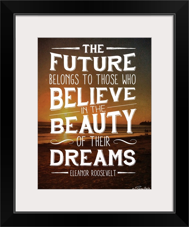 Inspirational quote in white lettering against a photograph of a beach at sunset