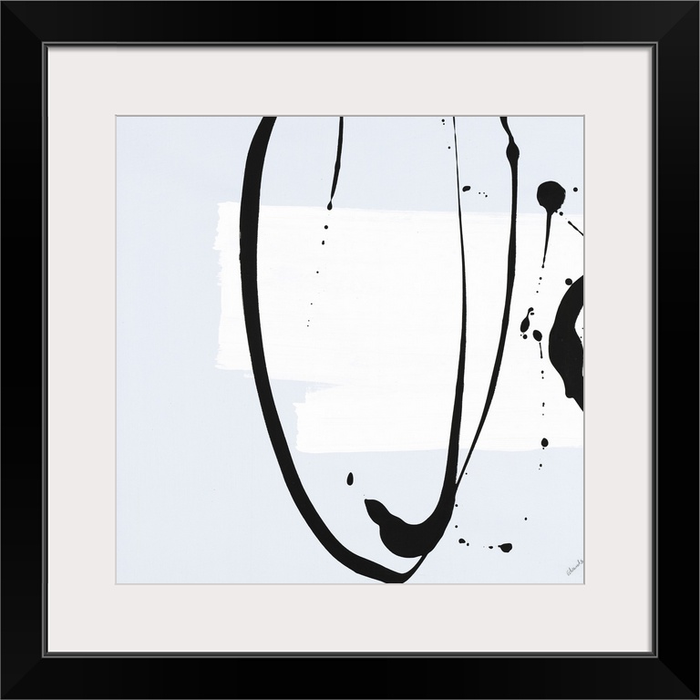 Minimalist abstract painting with a light blue background, a thick white brushstroke on the side, and black curvy lines an...