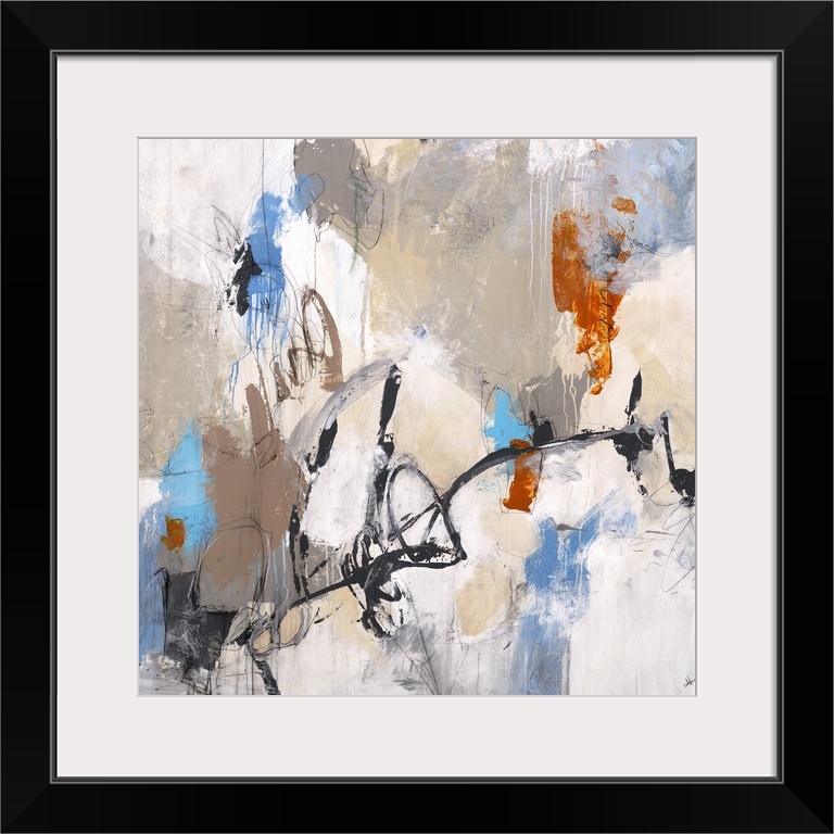 Square abstract painting with clusters of neutral colors on the background and pops of bright orange and blue on top among...