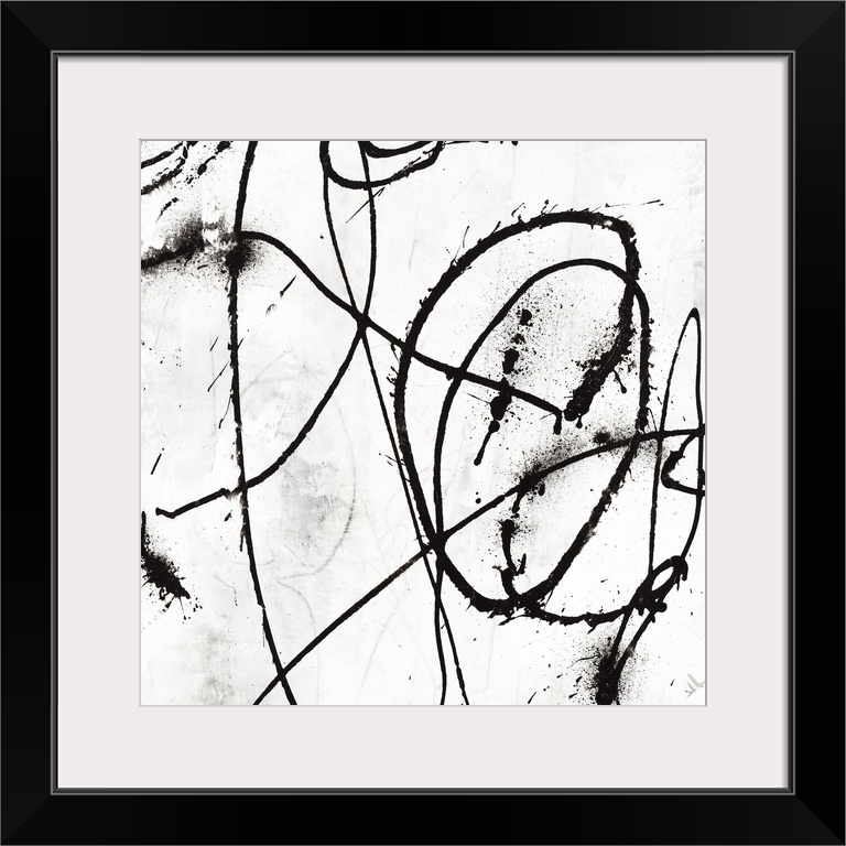 Black and white abstract painting of black strokes of paint in wandering directions.