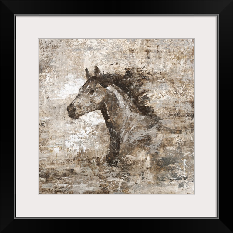 A contemporary painting with a weathered and distressed look, with the portrait of a horse in stride.