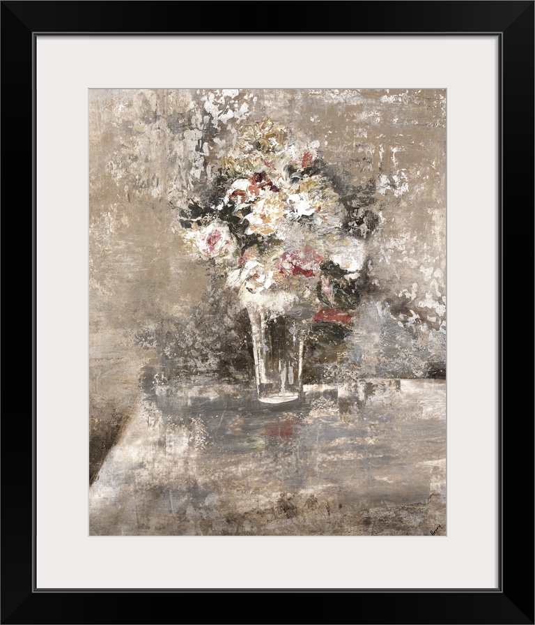 Contemporary painting of a vase with flowers on a table with neutral tones and pops of pink and yellow with a rough textur...