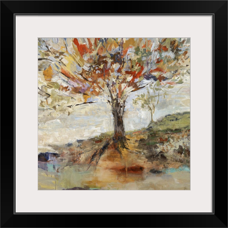 Contemporary landscape painting of a large tree on a hillside with vibrant, multicolored leaves and branches, in front of ...