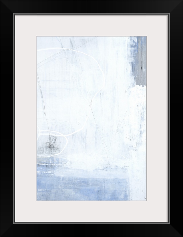 A long vertical painting of washed colors of gray and blue with dripped paint textures and swirled brush strokes.